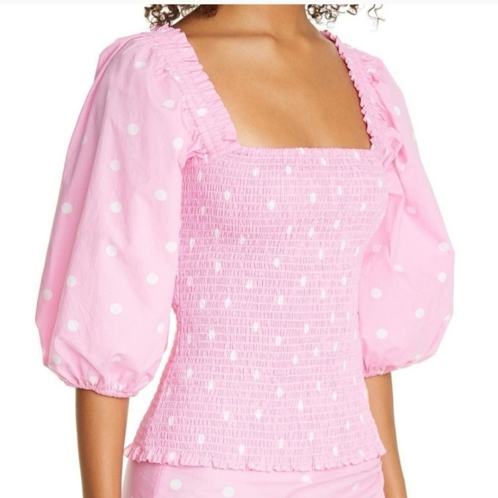 NWOT Ganni Pink Polka Dot Smocked Blouse